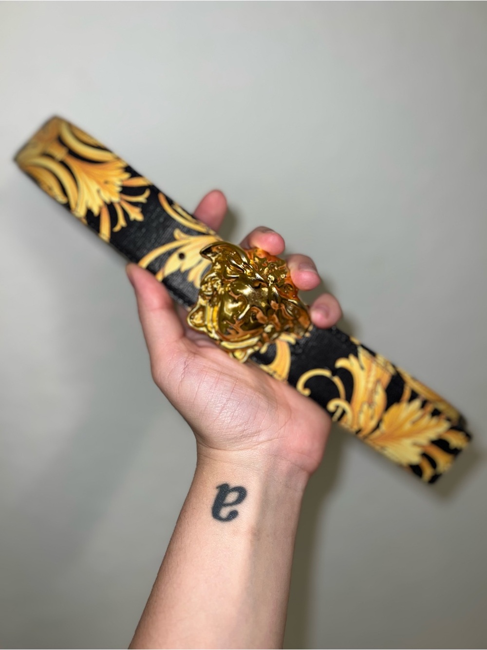 VERSACE Gold Baroque Lion Buckle Belt - Black and Gold and Red Men’s Accessory